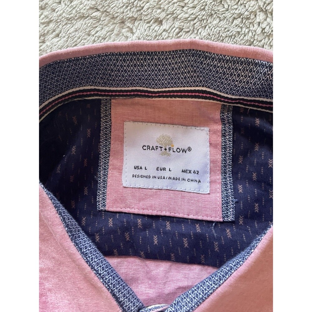 CRAFT + FLOW Men's L Pink Solid Woven Long Sleeve Button-Up Point Collar